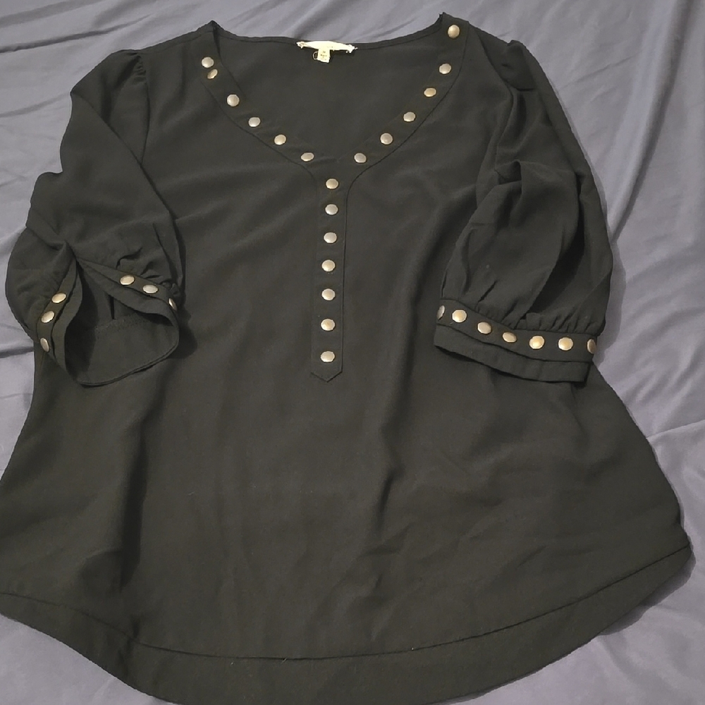 Black V-Neck Women's Top with Bronze Studded  Accents